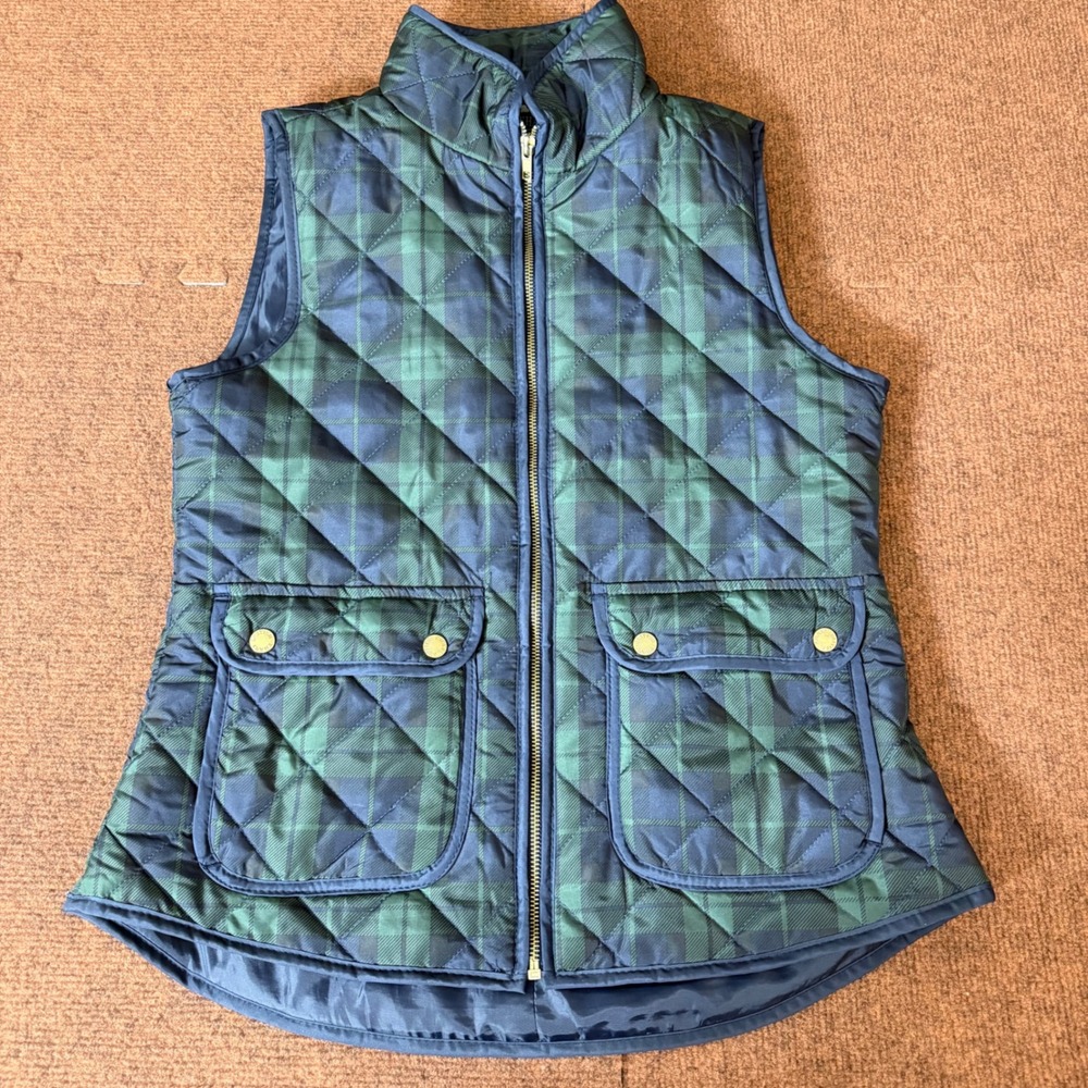British Khaki Womens Quilted Vest Green Navy Black Watch Tartan Plaid Size M